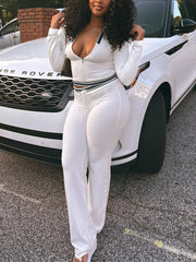 Casual Stripe Zipper Top Drawstring Pants Sports Sets