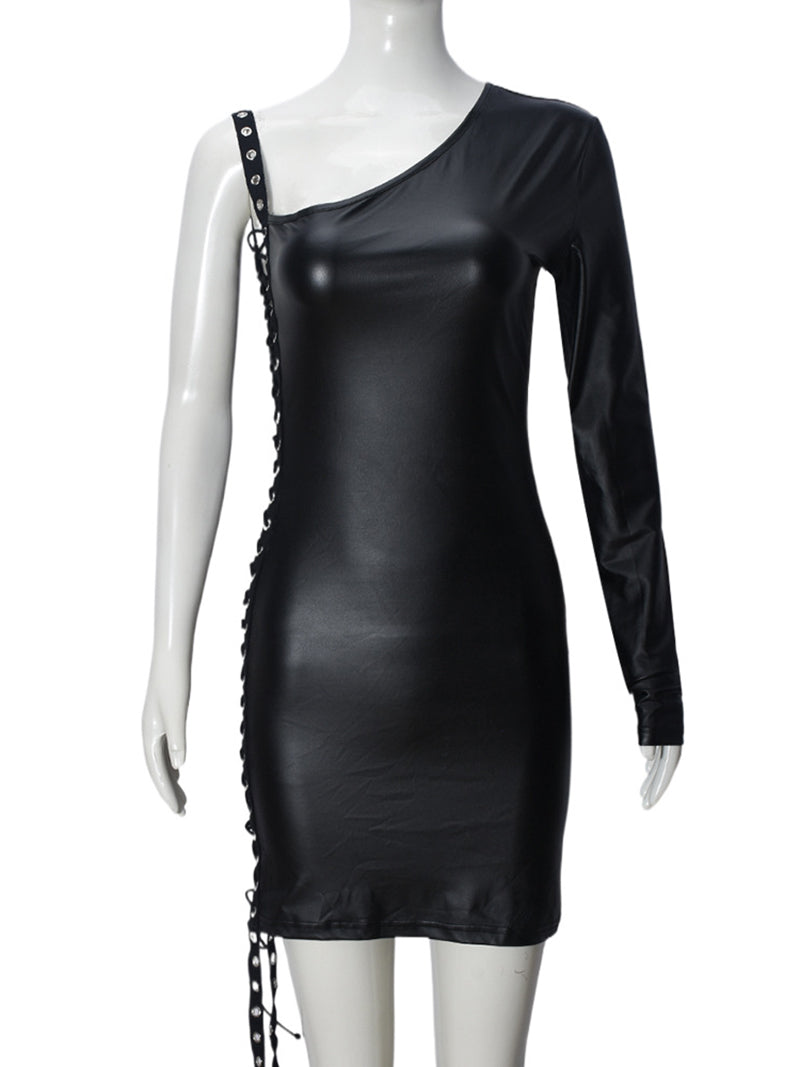 Sexy Faux Leather One Sleeve Micro Mini Dress