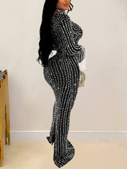 Rhinestones See Through Long Sleeves Maxi Dress