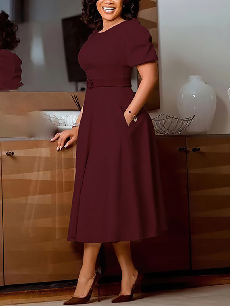 Fashion Round Collar Puff Sleeve High Waist Midi Dress