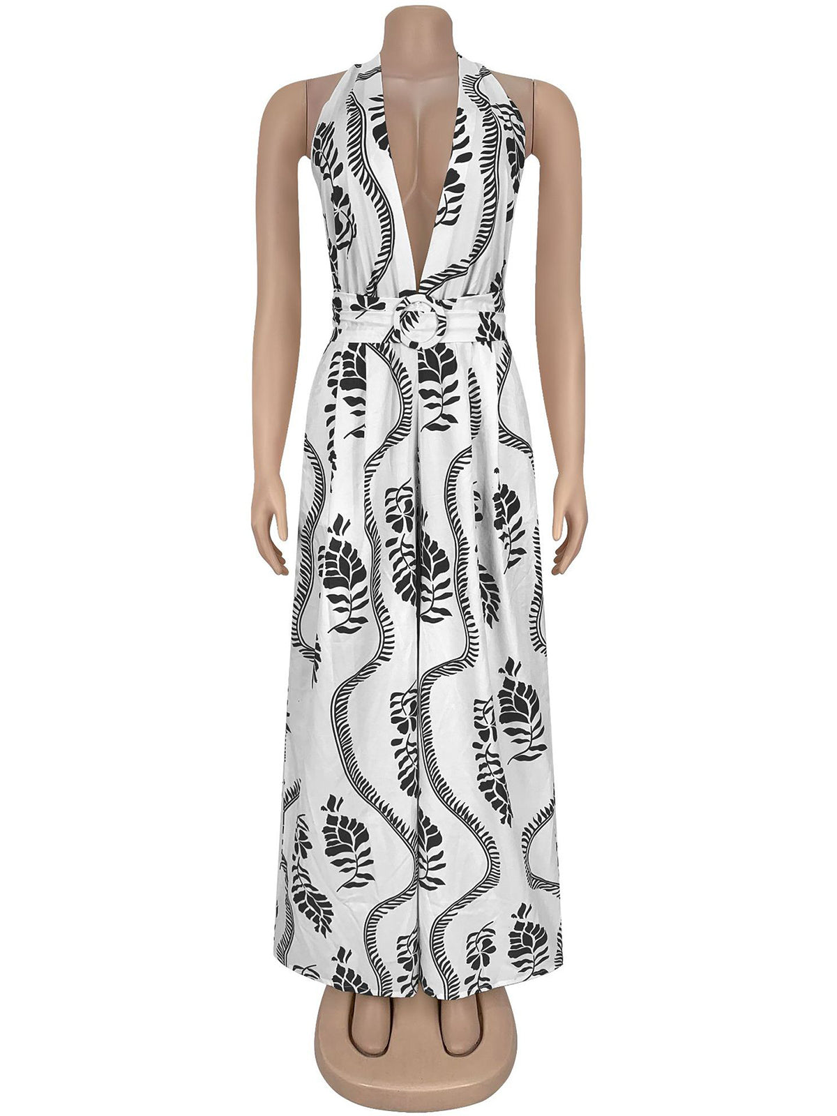 Fashion V-neck Print Halter Backless Wide Leg Jumpsuit