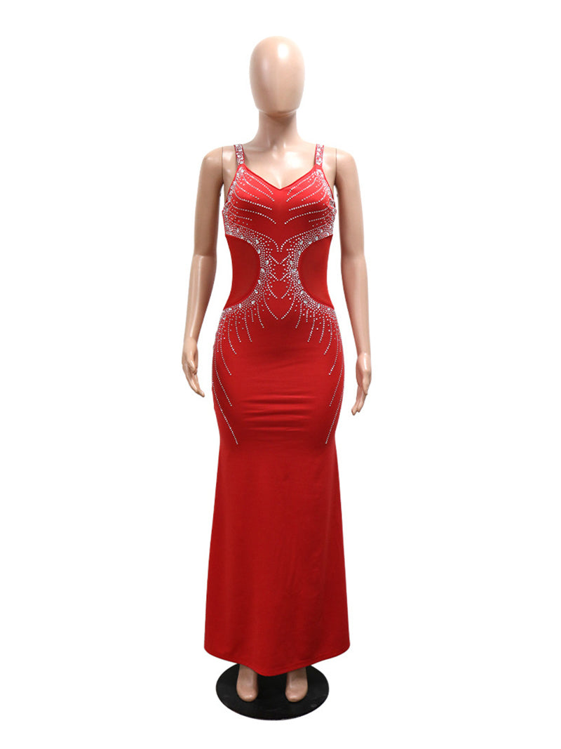 Sexy Rhinestones V Neck Sleeveless Maxi Dress