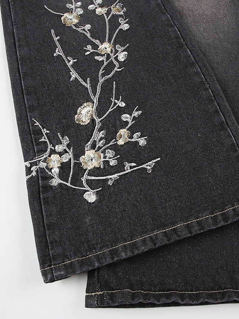 Fashion Low Rise Floral Embroidery Flared Pants Jeans