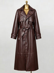 Burgundy Belted Faux Leather Trench Coat-boutique