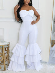 Sexy Strapless Ruffed Patchwork Bodycon Jumpsuit