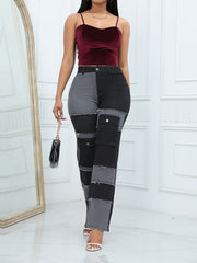 Casual High Waist Patchwork Denim Straight Jeans