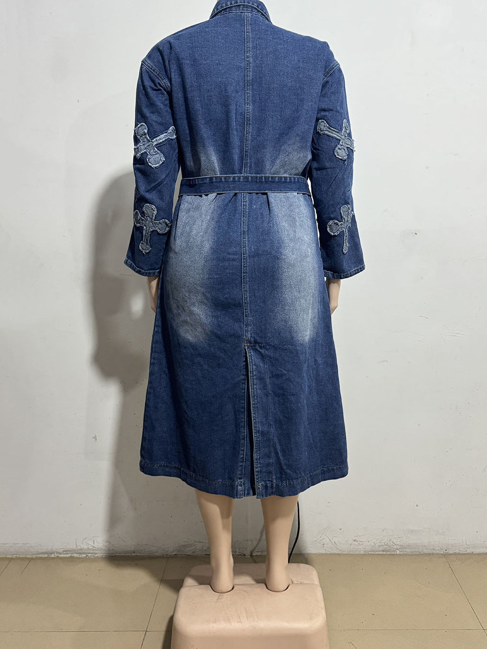 Fashion Embroidery Denim Long Coat Belted Outerwear