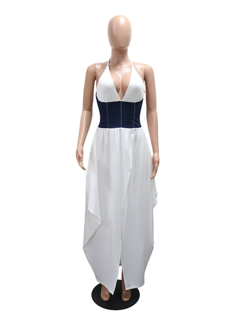 Sexy Deep V Denim Patchwork Cinched Waist Maxi Dress