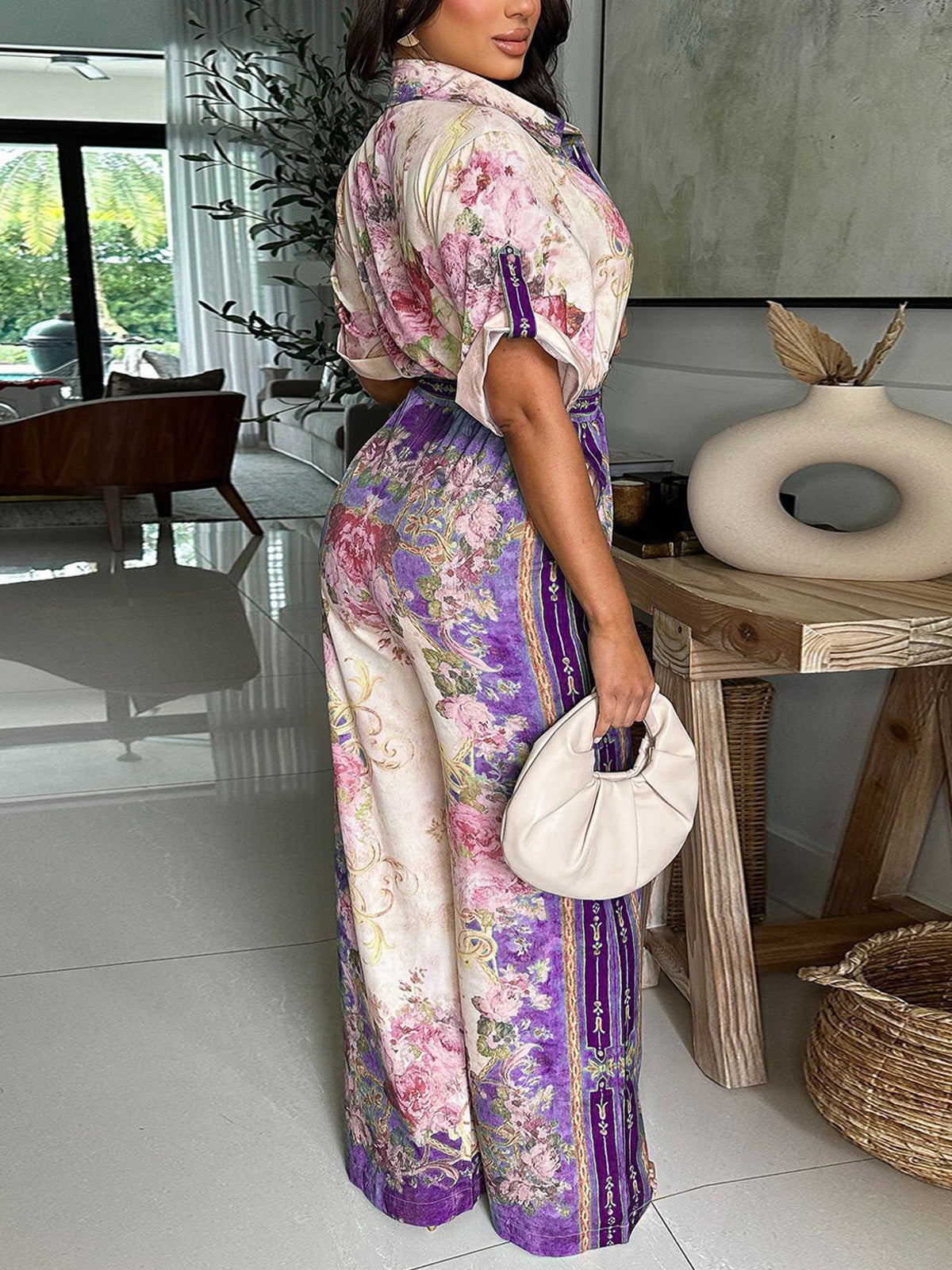 Vintage Floral Print Lace-up Slim Fit Jumpsuit