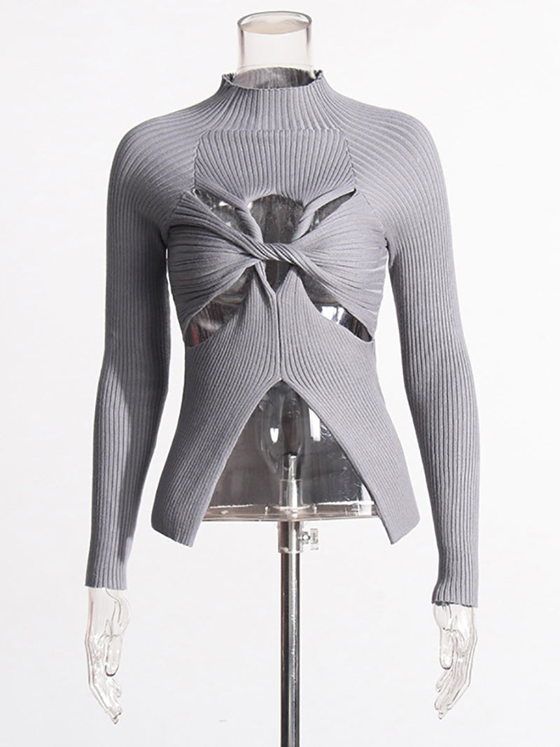 Fashion Round Neck Crisscross Hollow Out Knit Sweater