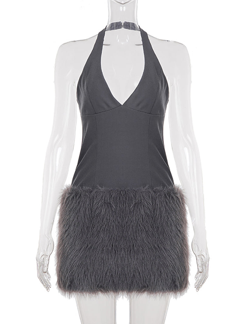 Sexy Drop Waist Fur Trim Halter Mini Dress