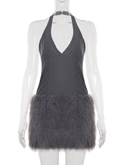 Sexy Drop Waist Fur Trim Halter Mini Dress