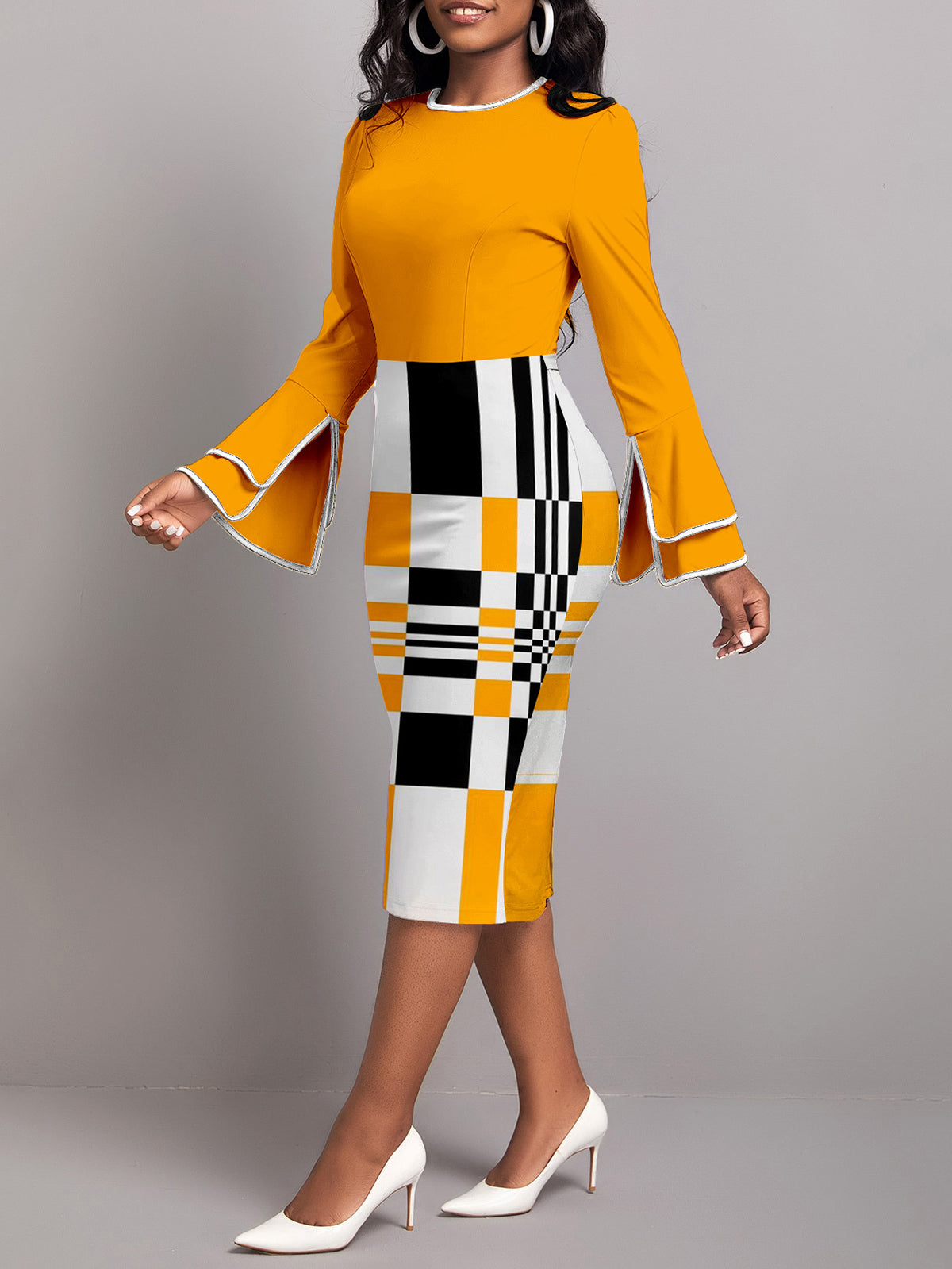 Block Zipper O Neck Pencil Skirt Dress