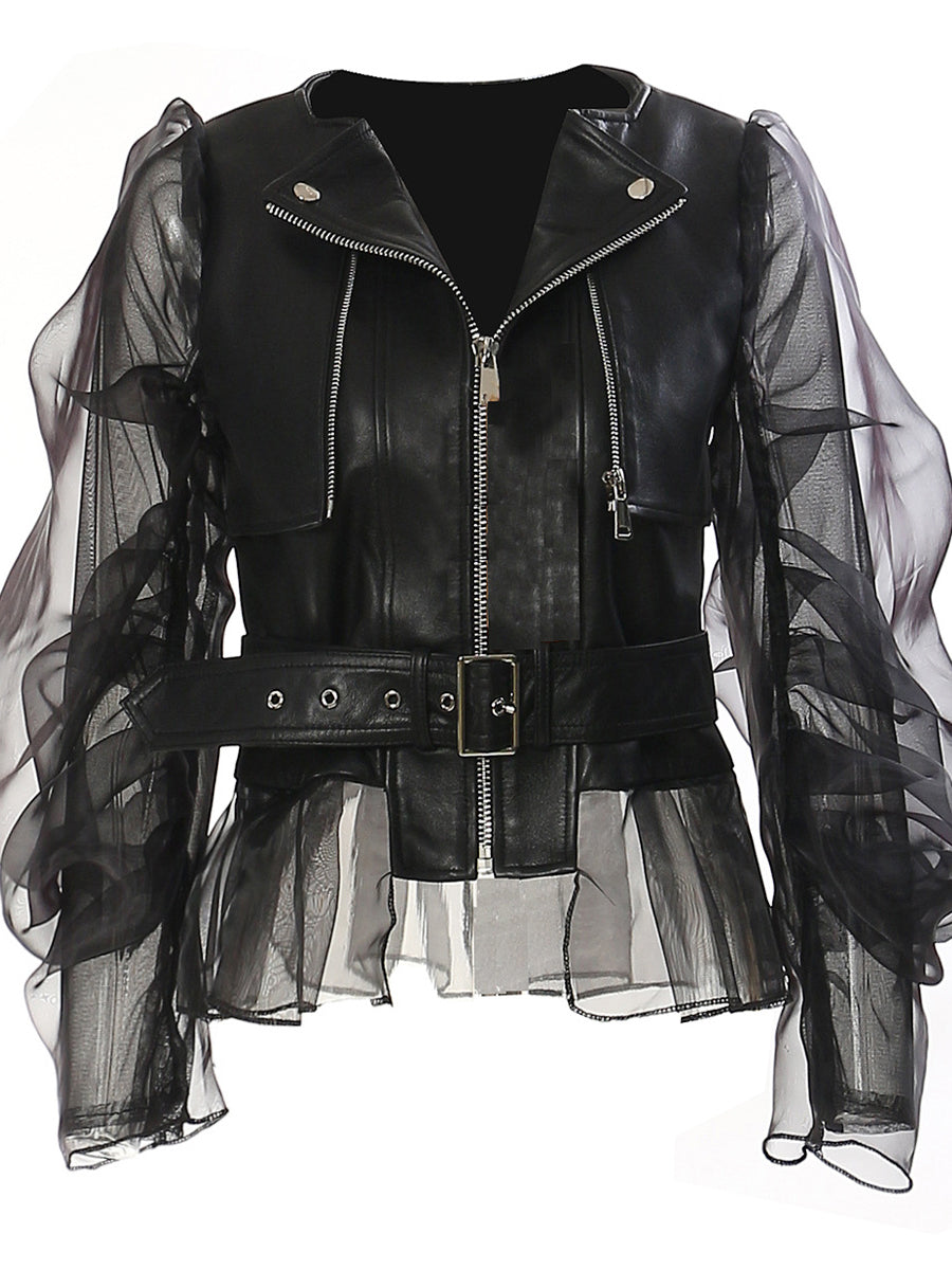 Mesh Patchwork PU Leather Jacket Coat -Boutique