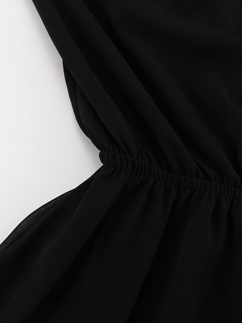Casual V-neck Sheer Mesh High Waist Pleated Mini Dress