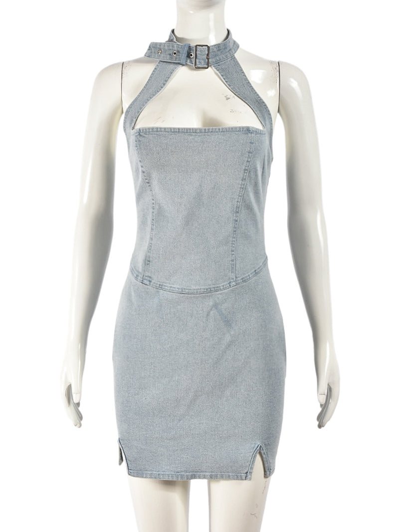 Sexy Halter Sleeveless Bodycon Denim MIni Dress