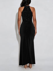 Sexy Sleeveless Rhinestones Ruched Slim Split Maxi Dress