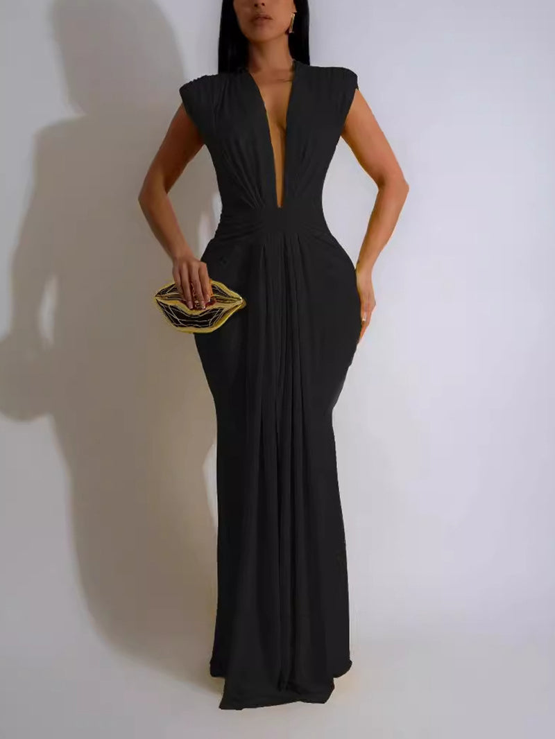 Elegant Deep V Plunge Draped Maxi Dress
