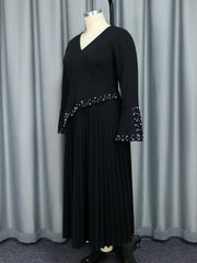 V-Neck Beaded Long Sleeve Pleated Maxi Dress