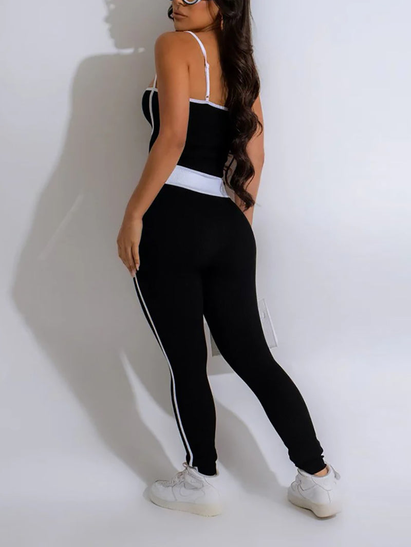 Solid Sexy Suspender Top Pants Two-Piece Set