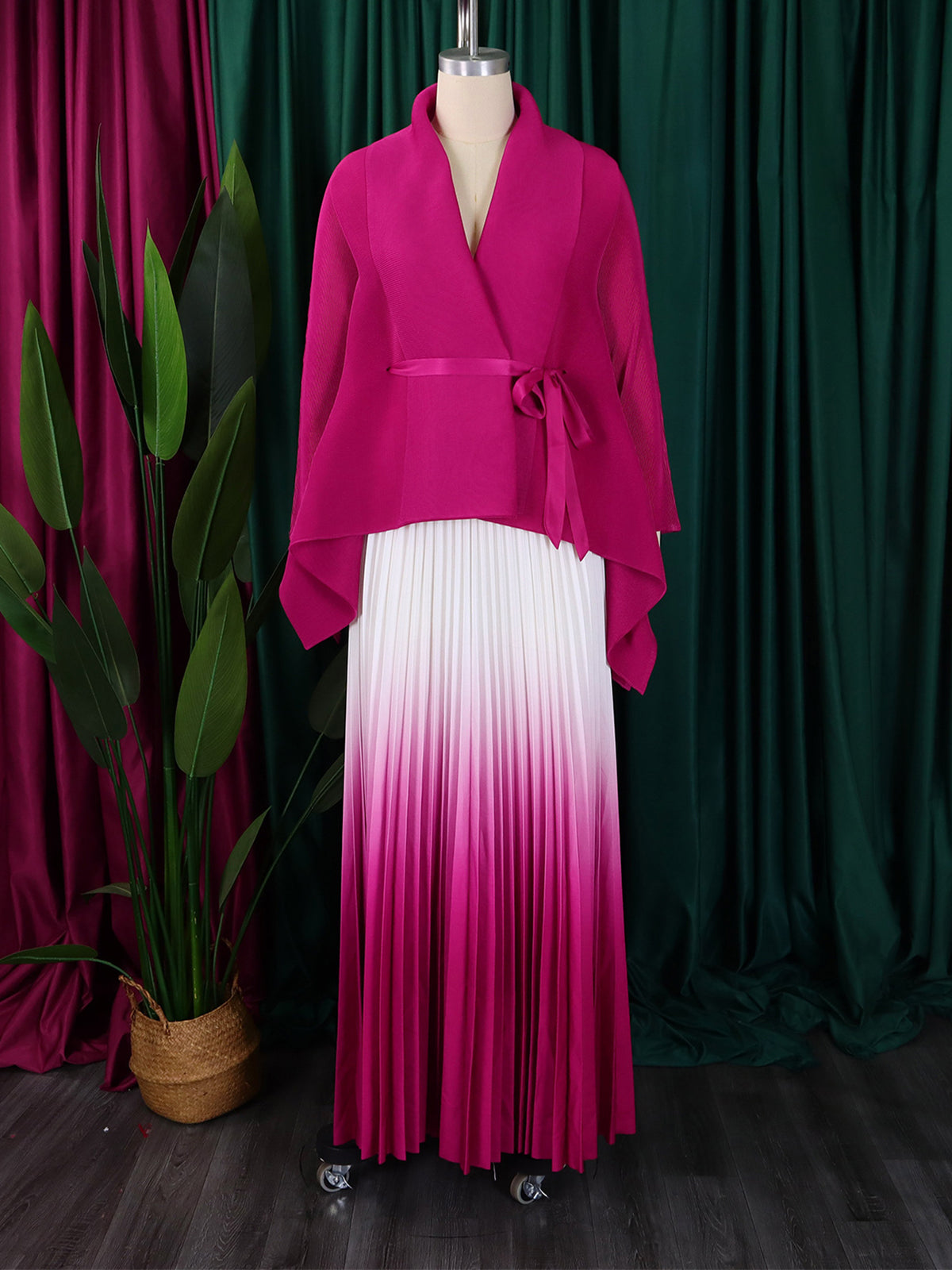 Elegant Lace-up Top and High Waist Pleated Skirt Set