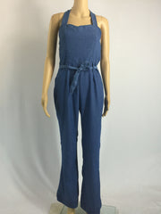 Sexy Sleeveless Slim Denim Halter Belt Jumpsuit