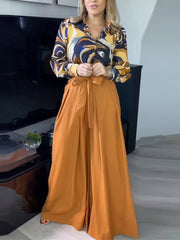 Fashion Long Sleeve Lapel Button Top Wide Leg Pant Sets