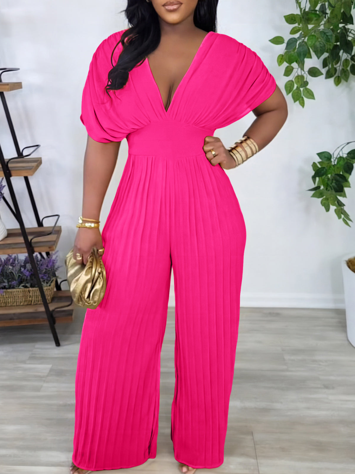 Solid Color V-Neck Pleated Wide Leg Jumpsuit