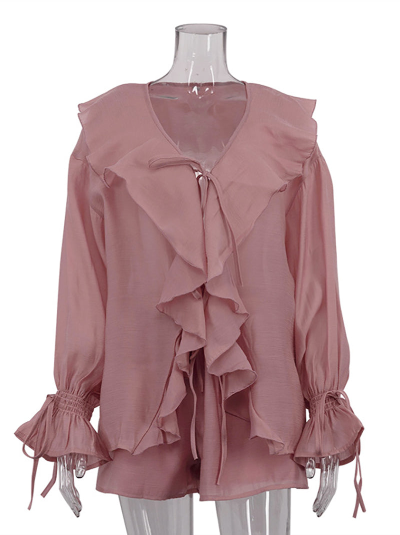 Casual Ruffles Shorts V Neck See Through Sets