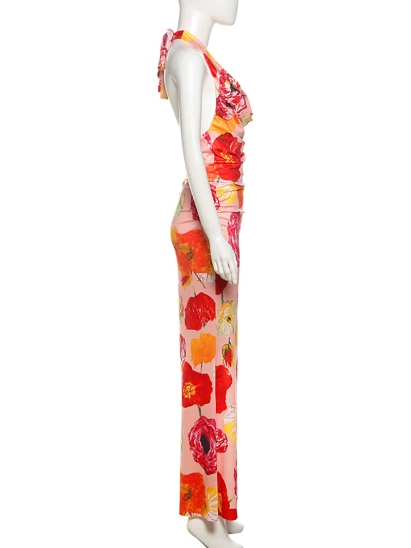 Print Halter Crop Tops High Split Long Skirts Sets