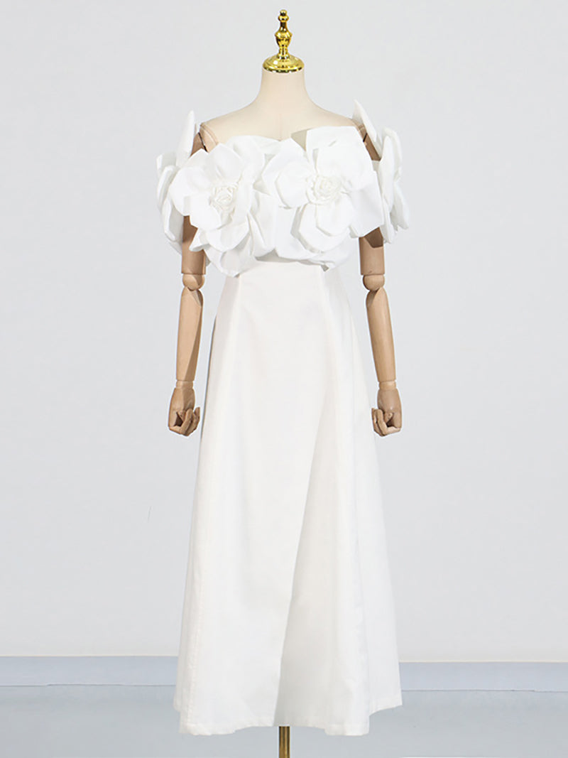 Elegant Off Shoulder Floral Applique Slim Midi Dress