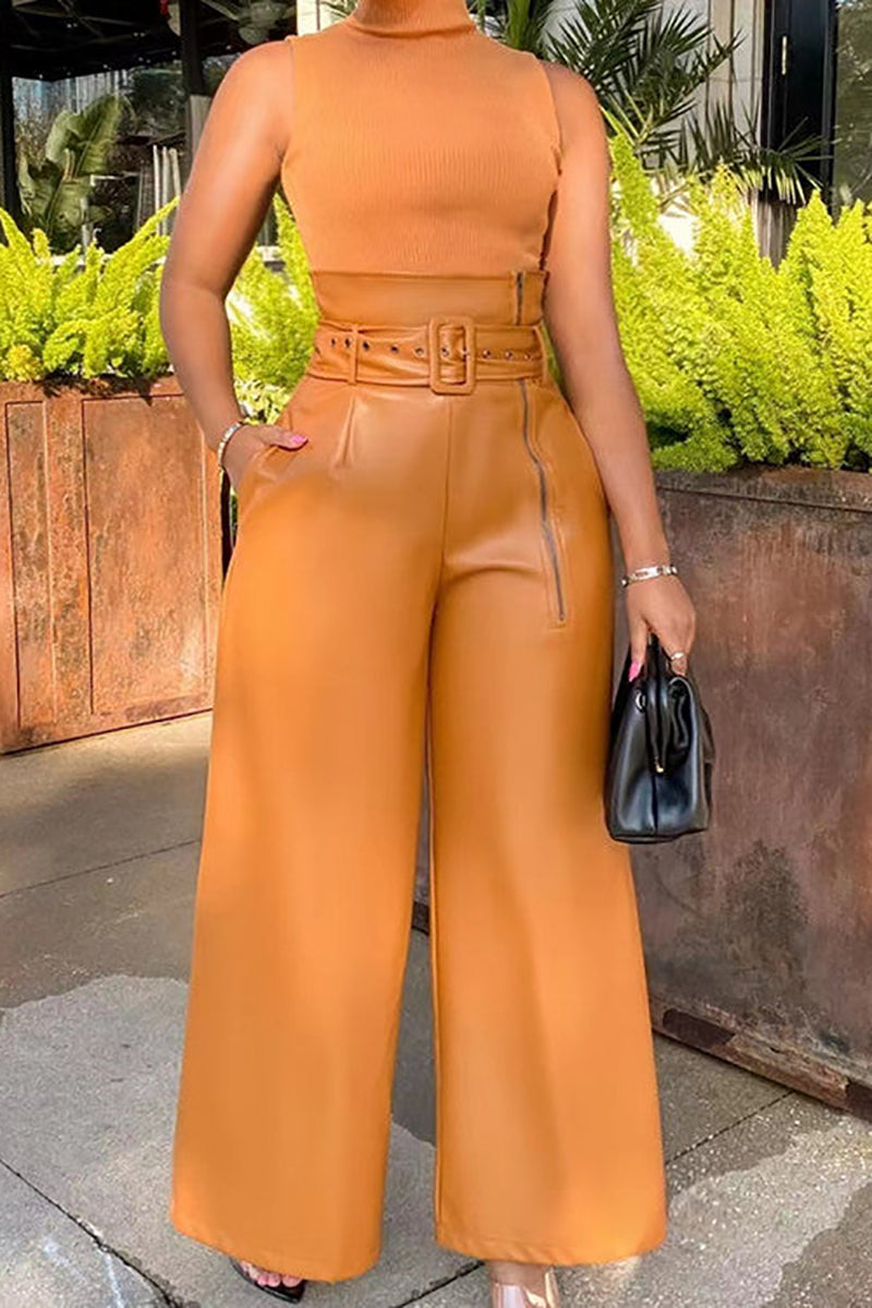 PU Leather Zipper Wide Leg Pants