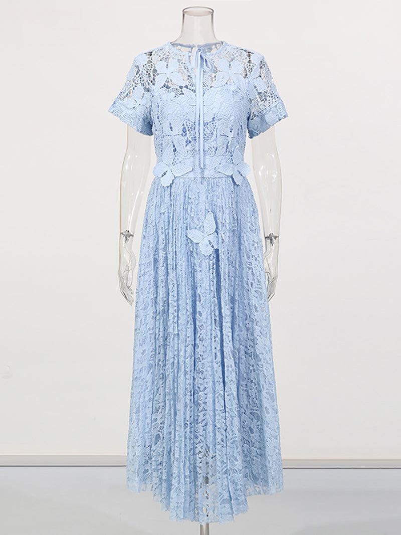Elegant Bowknot Neck Short Sleeve Embroider Maxi Dress