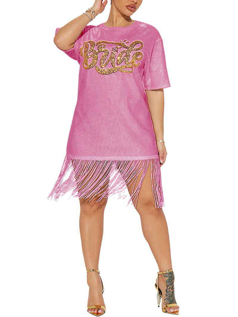 Round Neck Sequin Tassels Loose T-shrit Dress