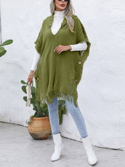 Fringe Trim Buttoned Hooded Poncho