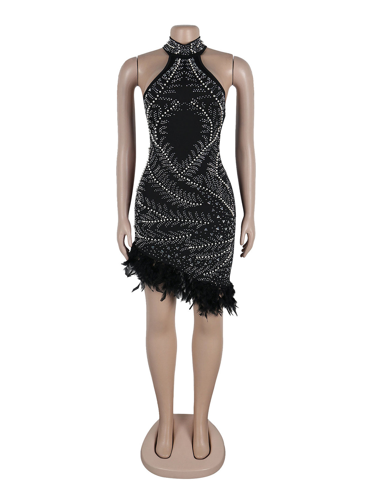 Rhinestone Sleeveless Feather Club Bodycon Mini Dress