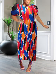 Fashion Print Pleated O Neck Midi Dress