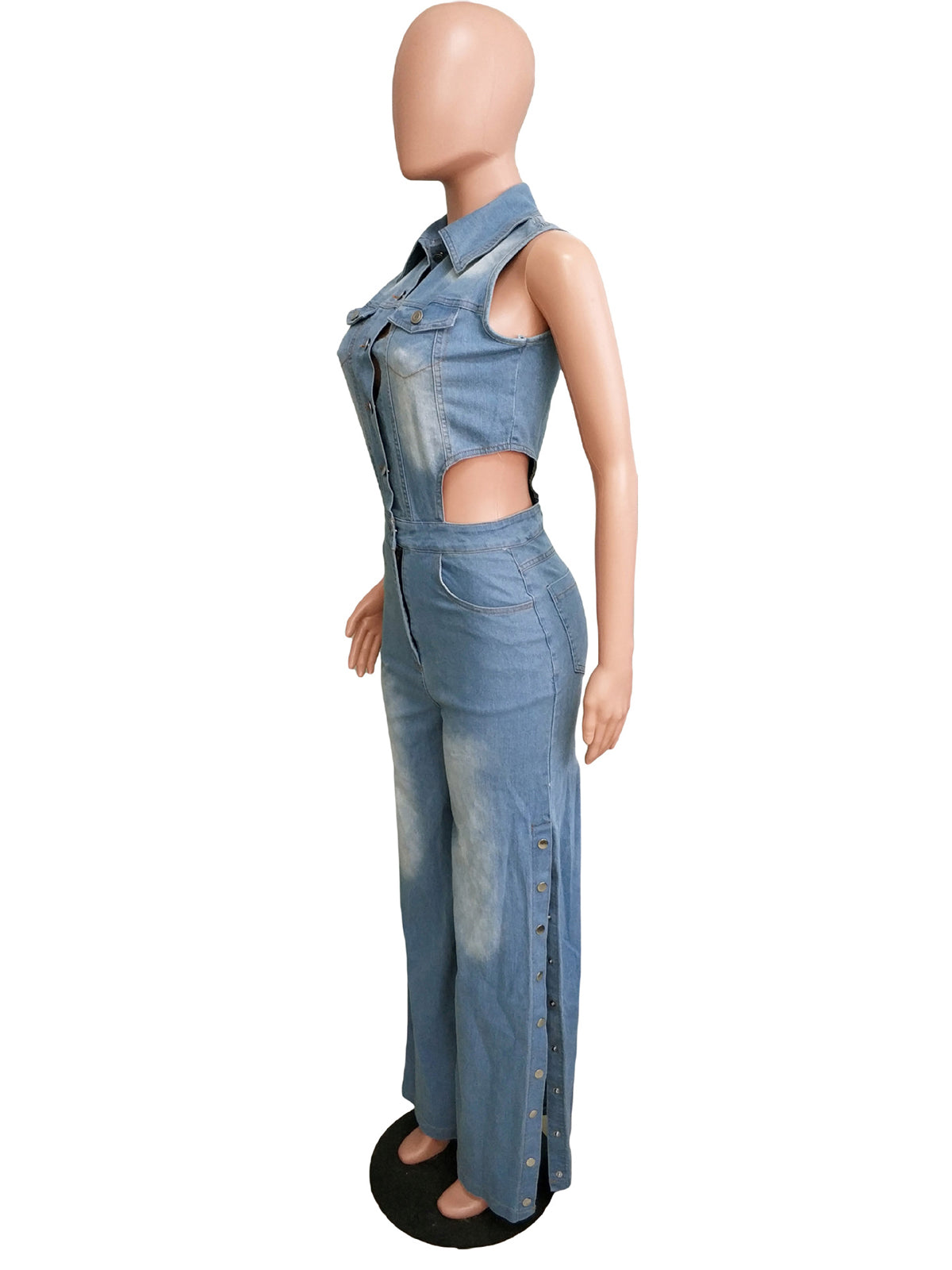 Fashion Hollow-out Side Slit Denim Jumpsuit
