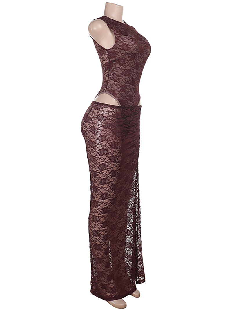 Elegance Sleeveless Lace Bodysuit Long Skirt Sets