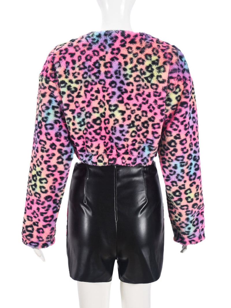 Leopard Fur Jacket And Leather Patchwork Shorts Sets