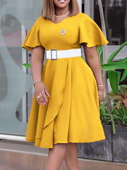 Elegant V Neck Flare Sleeve Cocktail Party Midi Dress