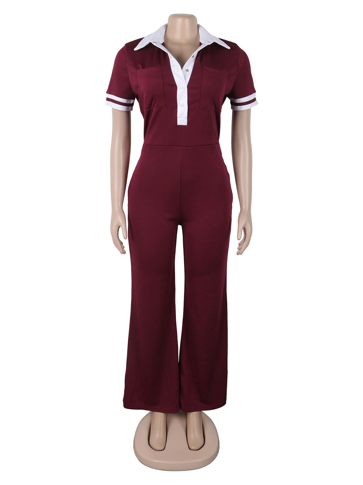 Elegant Turn-Down Collar Patchwork Wide Legs Jumpsuit