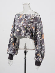 Retro Camo Print Asymmetric Collar Crop T Shirts