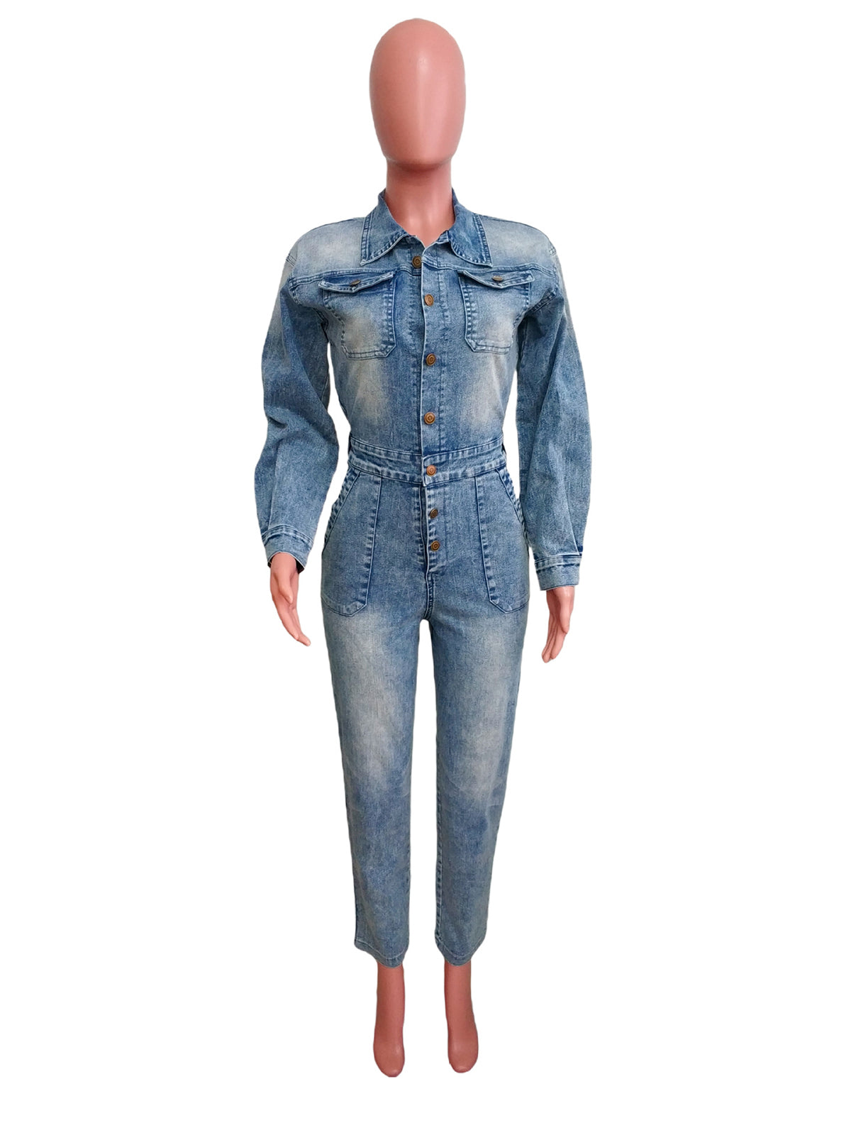 Long Sleeve Pocketed High Waist Denim Jumpsuit