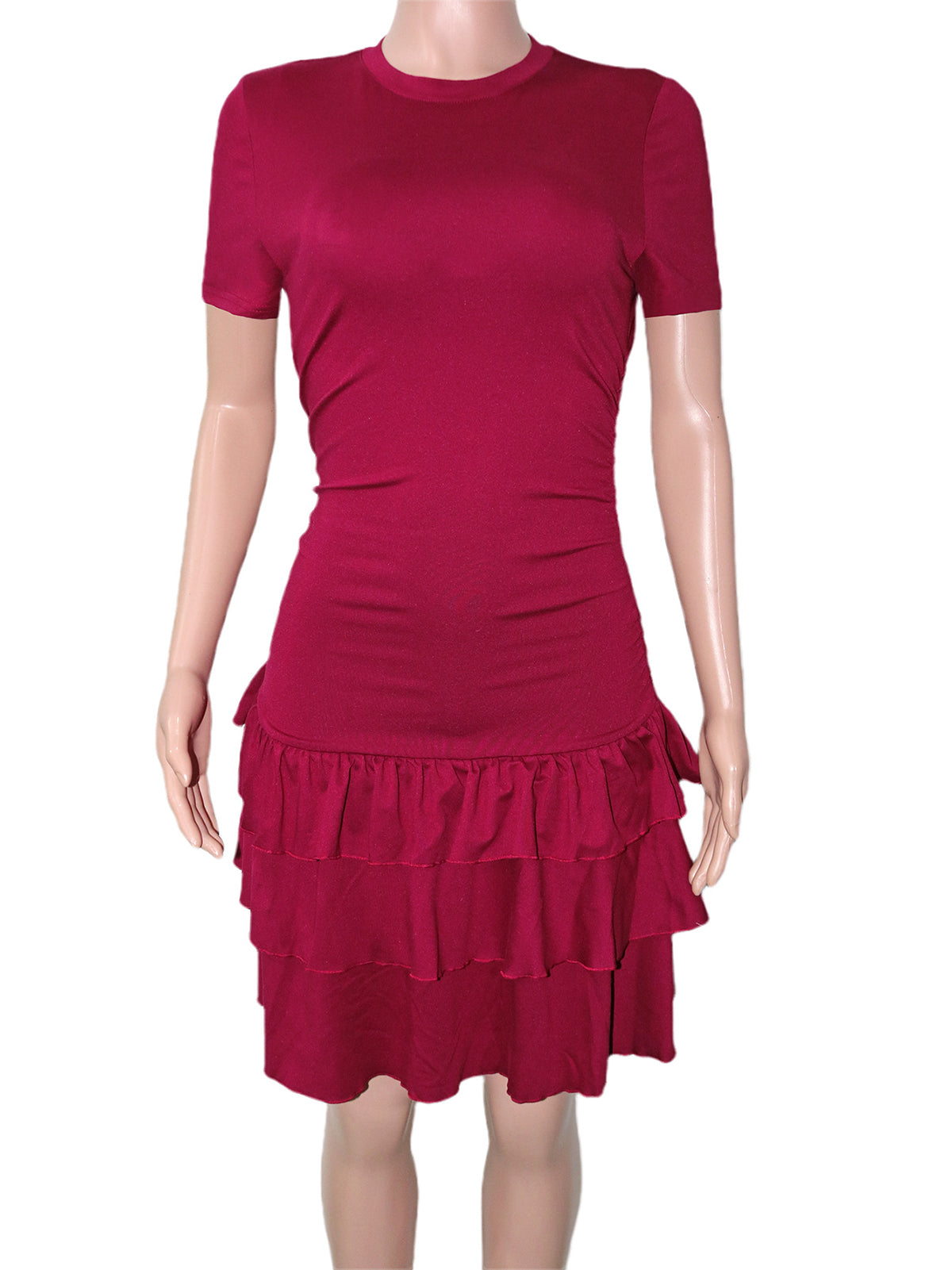 Round Neck Ruched Waist Tiered Ruffle Mini Dress