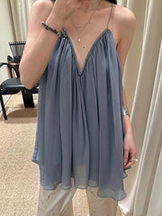 Sexy Chiffon Deep V Sleeveless Pleated Mini Dress