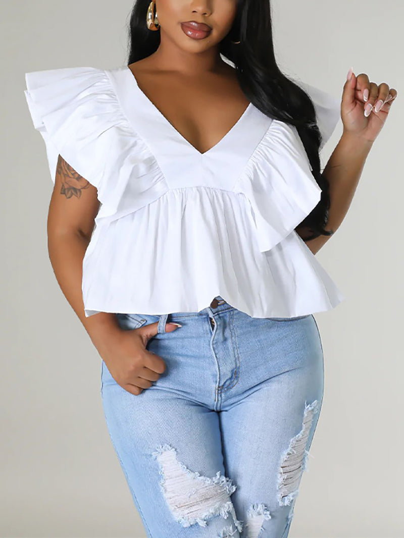 Fashion Print V Neck Lace-up Top