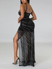 Sexy See-Through Mesh Rhinestone Evening Gown Dress
