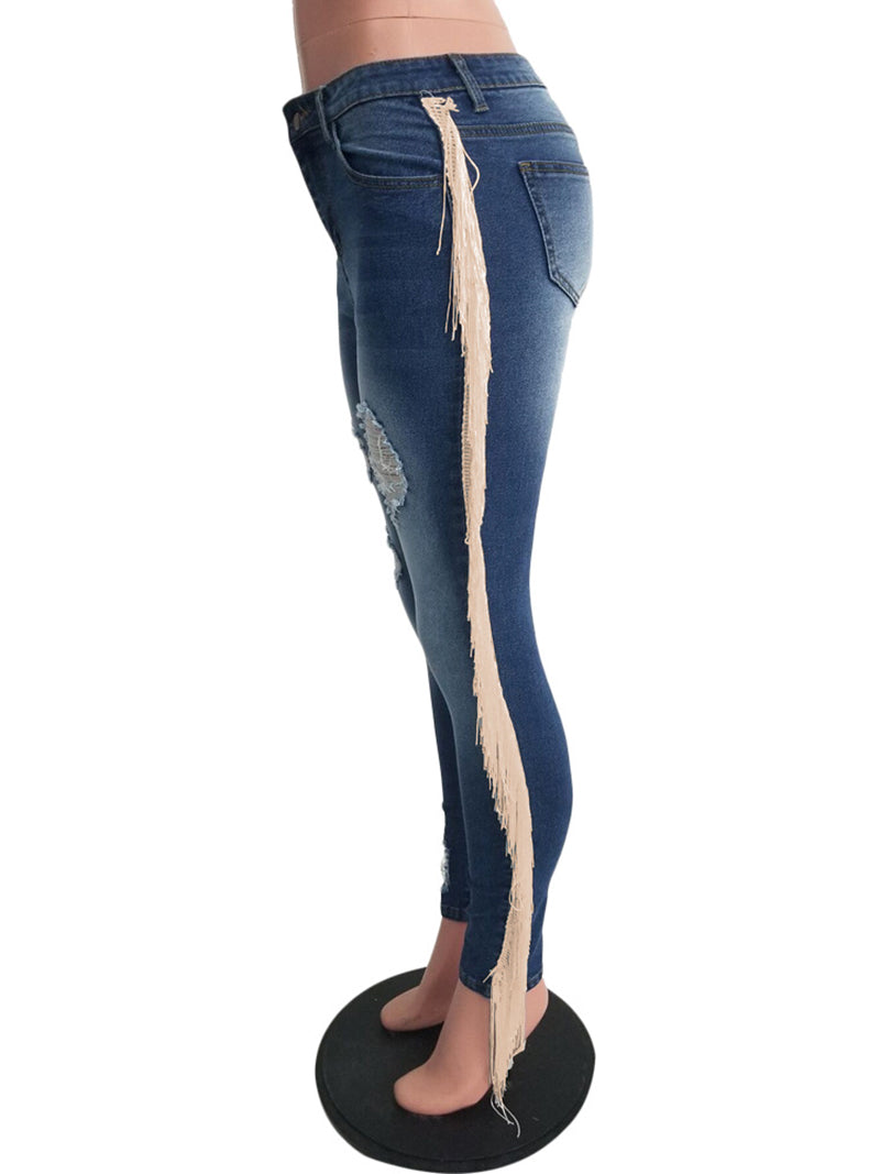 Casual High Waist Ripped Tassel Jeans Pencil Pants