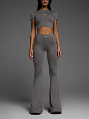 Solid Color Crop Top And Flare Pants Two-Piece Set